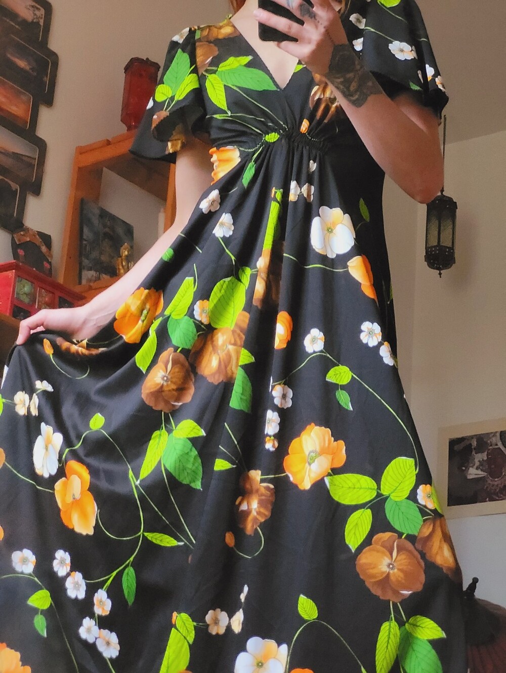 Algo Vintage Floral Flowy Sleeve Maxi Black Fairy Boho Dress - Size M